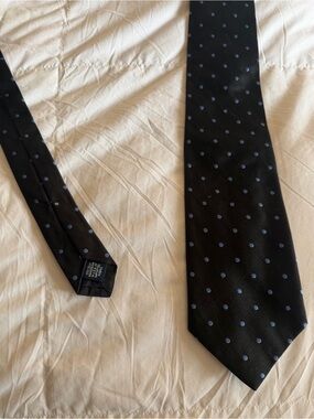 Lands End 100% Silk Tie - black & baby blue polkadots